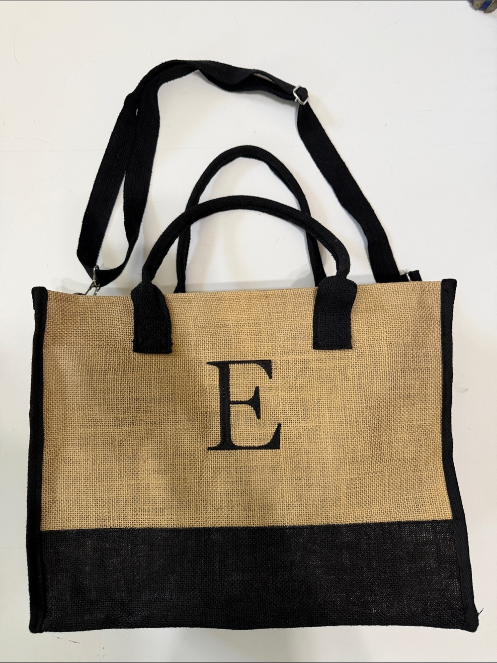 Black and Natural Jute Tote Bag with Monogram E - Women's Beach & Market Bag